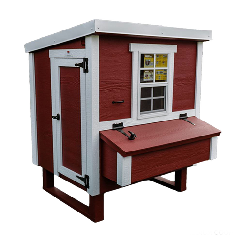 Handcrafted heavy-duty Amish-made red wooden chicken coop with white trim, featuring a secure door, nesting box with hinged lid, and window, ideal for farm, garden & tool and chicken accessories collections.