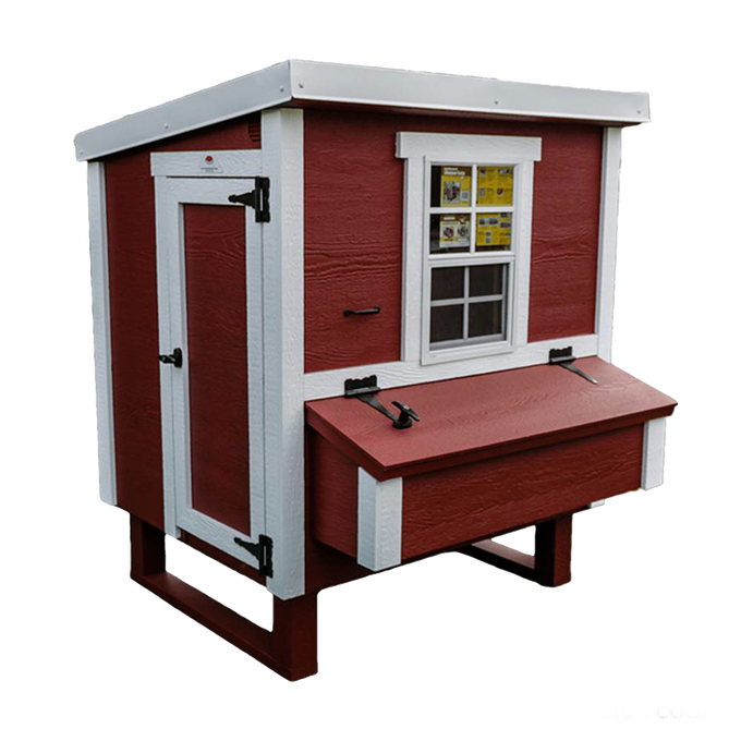 Handcrafted heavy-duty Amish-made red wooden chicken coop with white trim, featuring a secure door, nesting box with hinged lid, and window, ideal for farm, garden & tool and chicken accessories collections.