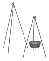 Handcrafted steel tripod with adjustable chain for suspending cast iron cookware over an open fire, ideal for camping, kitchen, and farm tool collections.