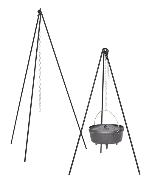 Handcrafted steel tripod with adjustable chain for suspending cast iron cookware over an open fire, ideal for camping, kitchen, and farm tool collections.