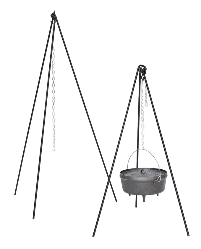 Handcrafted steel tripod with adjustable chain for suspending cast iron cookware over an open fire, ideal for camping, kitchen, and farm tool collections.
