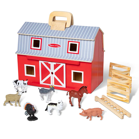 Handcrafted foldable wooden barn with blue roof and natural handle, including detailed farm animal figures and accessories, designed for imaginative play in Toys, Books & Games and Children's Toys collections.