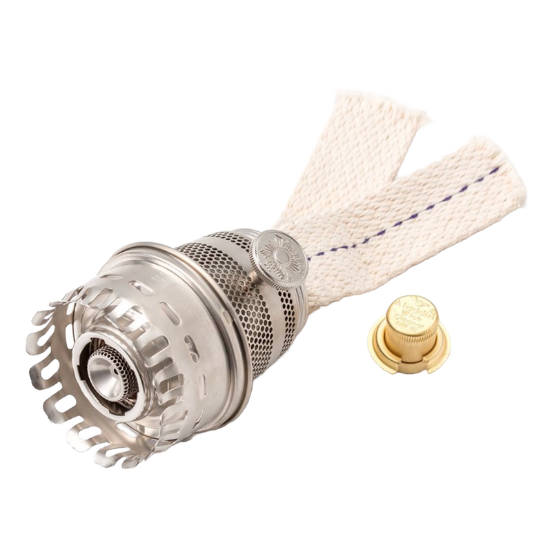 Industrial-style metal burner with dual wick assembly and brass adjustment knob, suitable for lamps, featured in Lamps & Lighting, Parts and Accessories, Lamp Burners and Collars, Best Sellers, Promo Eligible collections.
