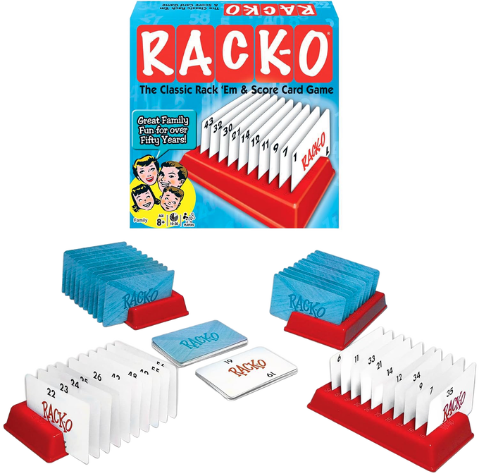Set of blue and white numbered cards arranged in red plastic racks, designed for 2-4 players ages 8 and up, perfect for family game night in Toys, Books & Games and Table and Board Games collections.