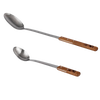 Two handcrafted serving spoons featuring durable stainless steel heads and long walnut handles, designed for convenient use in Farm, Garden & Tool, Kitchen & Food, Camping, Storage and Serving, Best Sellers, and Promo Eligible collections.