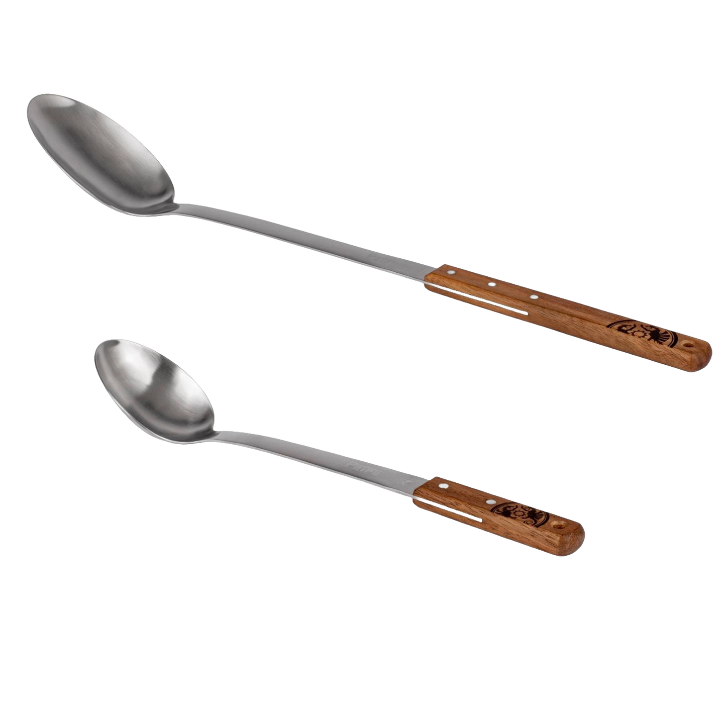 Two handcrafted serving spoons featuring durable stainless steel heads and long walnut handles, designed for convenient use in Farm, Garden & Tool, Kitchen & Food, Camping, Storage and Serving, Best Sellers, and Promo Eligible collections.