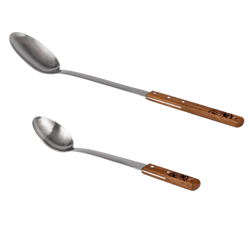 Two handcrafted serving spoons featuring durable stainless steel heads and long walnut handles, designed for convenient use in Farm, Garden & Tool, Kitchen & Food, Camping, Storage and Serving, Best Sellers, and Promo Eligible collections.