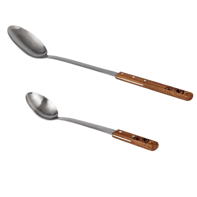 Two handcrafted serving spoons featuring durable stainless steel heads and long walnut handles, designed for convenient use in Farm, Garden & Tool, Kitchen & Food, Camping, Storage and Serving, Best Sellers, and Promo Eligible collections.