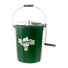 Handcrafted green metal ice cream freezer with sturdy handle and crank, featuring polished stainless steel lid and vintage-style ice cream cone logo, Amish made USA product.