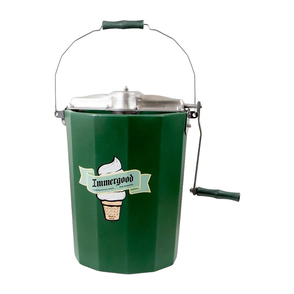Handcrafted green metal ice cream freezer with sturdy handle and crank, featuring polished stainless steel lid and vintage-style ice cream cone logo, Amish made USA product.