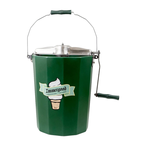 Handcrafted green metal ice cream freezer with sturdy handle and crank, featuring polished stainless steel lid and vintage-style ice cream cone logo, Amish made USA product.