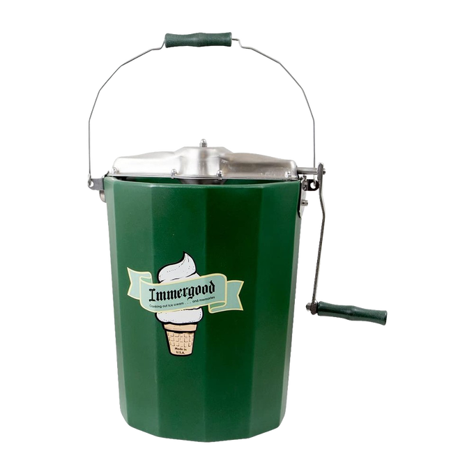 Handcrafted green metal ice cream freezer with sturdy handle and crank, featuring polished stainless steel lid and vintage-style ice cream cone logo, Amish made USA product.