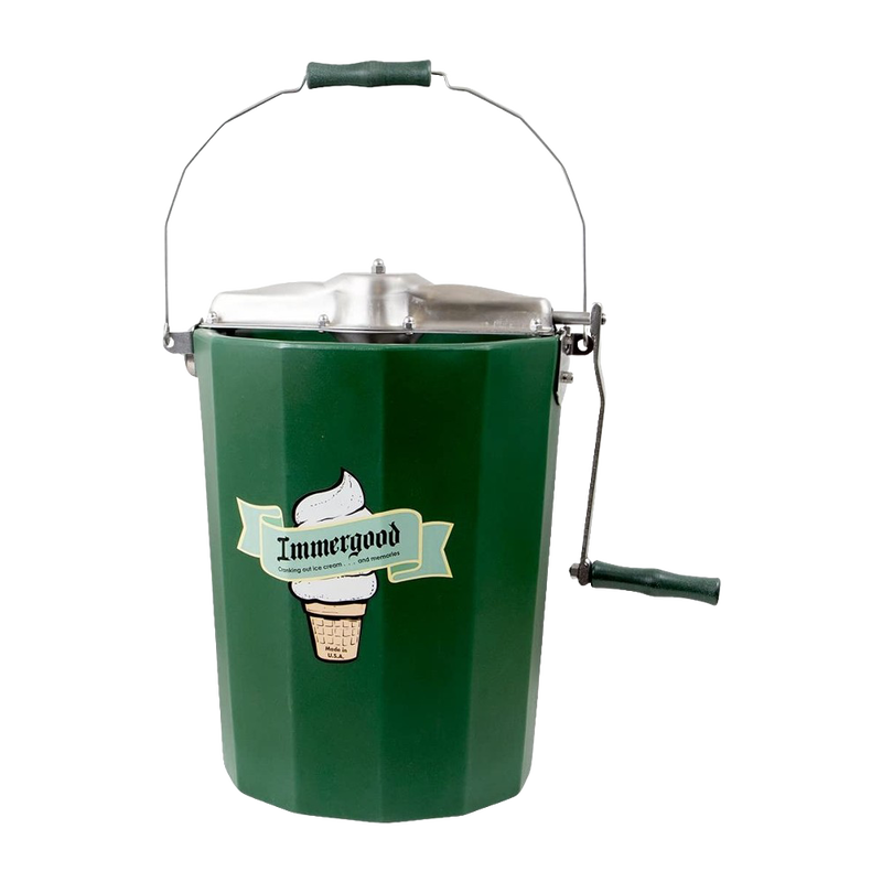 Handcrafted green metal ice cream freezer with sturdy handle and crank, featuring polished stainless steel lid and vintage-style ice cream cone logo, Amish made USA product.