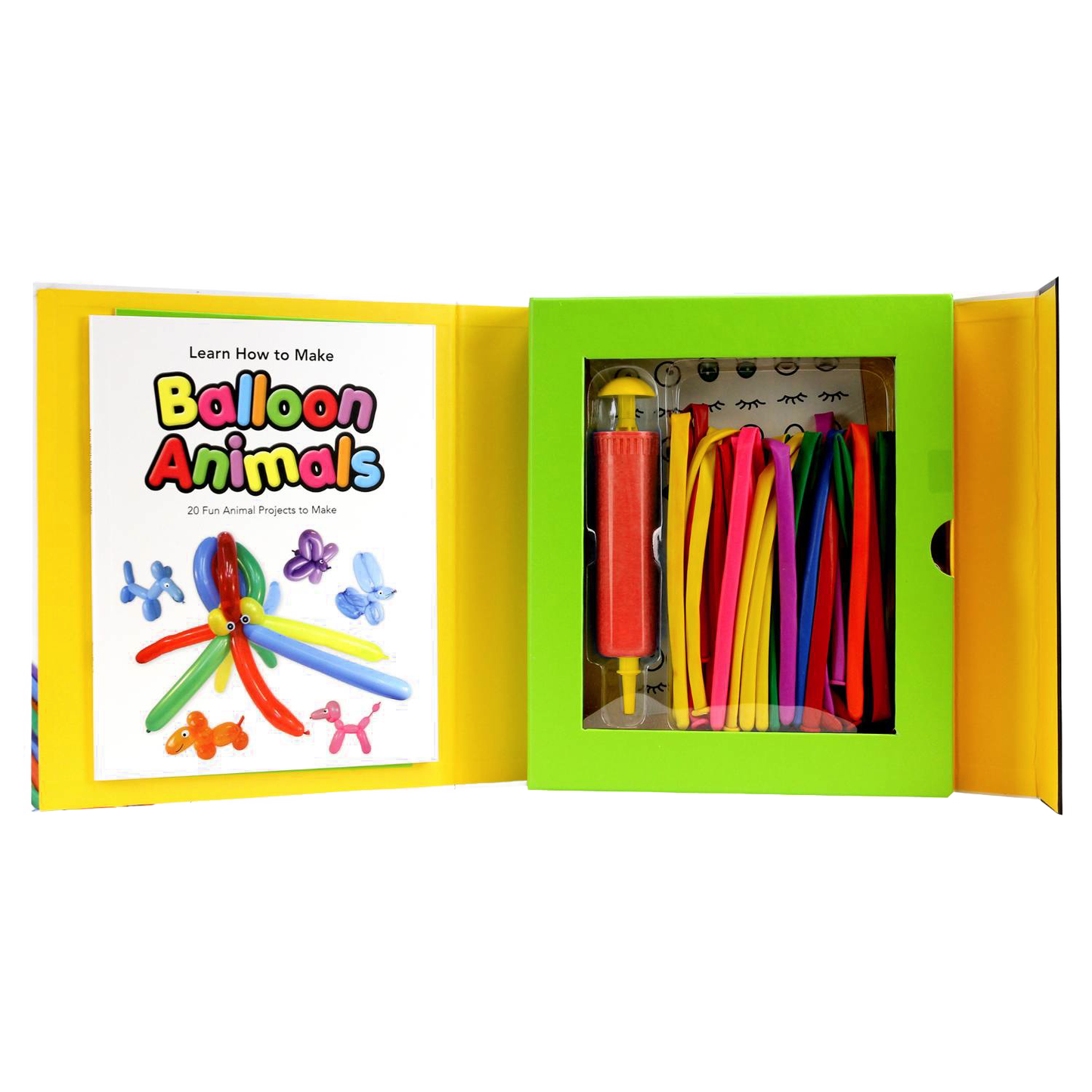 Open kit showcasing colorful balloon twisting supplies including an orange hand pump and assorted long balloons alongside an instructional booklet for creative play in children's toys and arts and crafts collections.