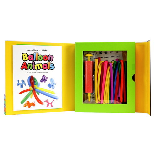 Open kit showcasing colorful balloon twisting supplies including an orange hand pump and assorted long balloons alongside an instructional booklet for creative play in children's toys and arts and crafts collections.