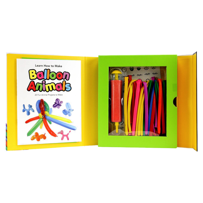 Open kit showcasing colorful balloon twisting supplies including an orange hand pump and assorted long balloons alongside an instructional booklet for creative play in children's toys and arts and crafts collections.