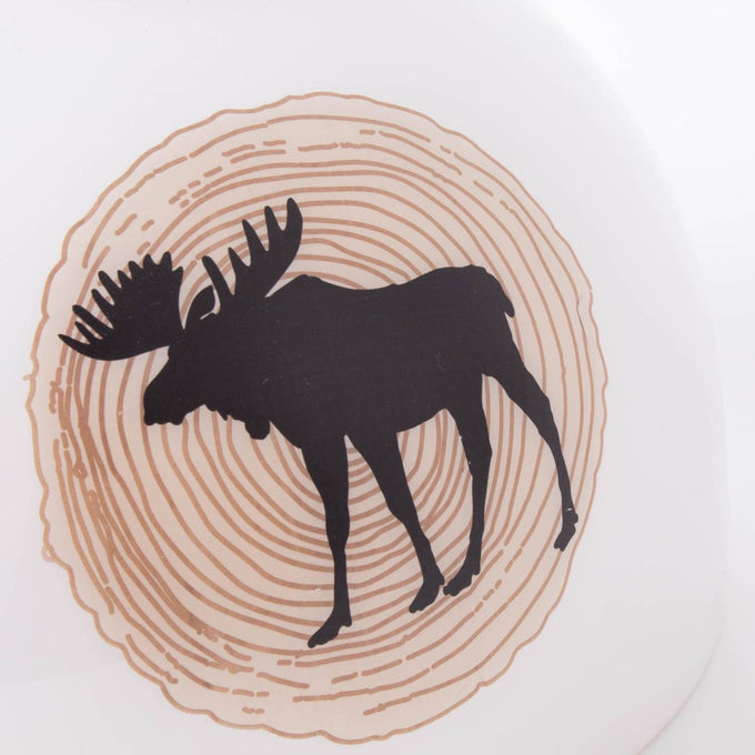 Handcrafted glass lamp shade featuring a black moose silhouette over a wood grain ring design, part of Lamps & Lighting, Parts and Accessories, Lamp Shades, Best Sellers, and Promo Eligible collections.