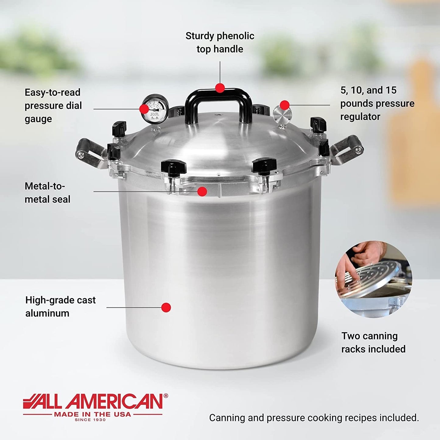 Handcrafted All American pressure canner in high-grade cast aluminum with metal-to-metal seal, sturdy phenolic handle, easy-to-read gauge, and pressure regulator, ideal for Kitchen & Food, Food Preservation, and Canning collections.