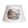 Parchment lamp shade featuring a detailed scenic lake house surrounded by trees and mountains, designed for lamps and lighting, parts and accessories, and best sellers collections.