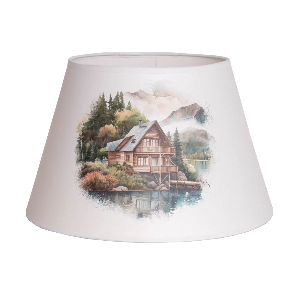 Parchment lamp shade featuring a detailed scenic lake house surrounded by trees and mountains, designed for lamps and lighting, parts and accessories, and best sellers collections.