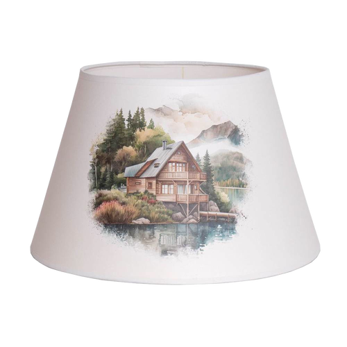 Parchment lamp shade featuring a detailed scenic lake house surrounded by trees and mountains, designed for lamps and lighting, parts and accessories, and best sellers collections.