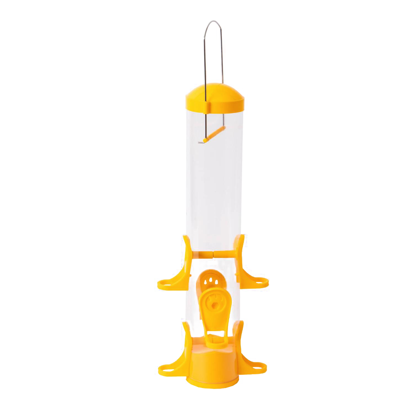 15-inch handcrafted poly tube finch feeder with six yellow feeding ports and a yellow top and base, designed to keep seeds dry, ideal for farm, garden, and animal care collections.