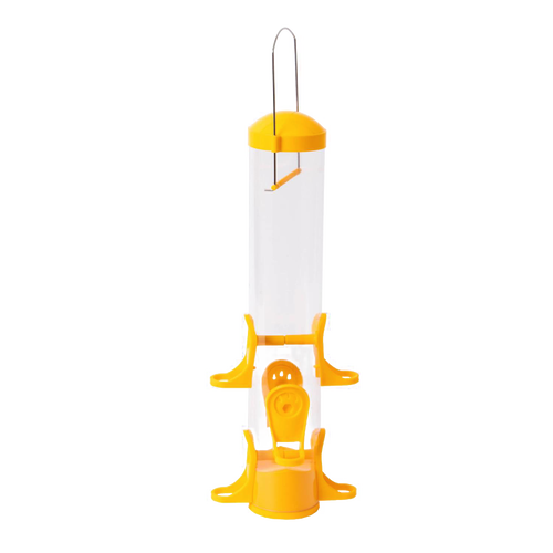 15-inch handcrafted poly tube finch feeder with six yellow feeding ports and a yellow top and base, designed to keep seeds dry, ideal for farm, garden, and animal care collections.
