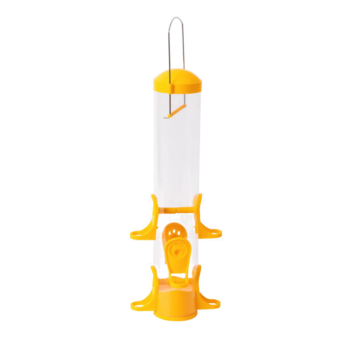 15-inch handcrafted poly tube finch feeder with six yellow feeding ports and a yellow top and base, designed to keep seeds dry, ideal for farm, garden, and animal care collections.