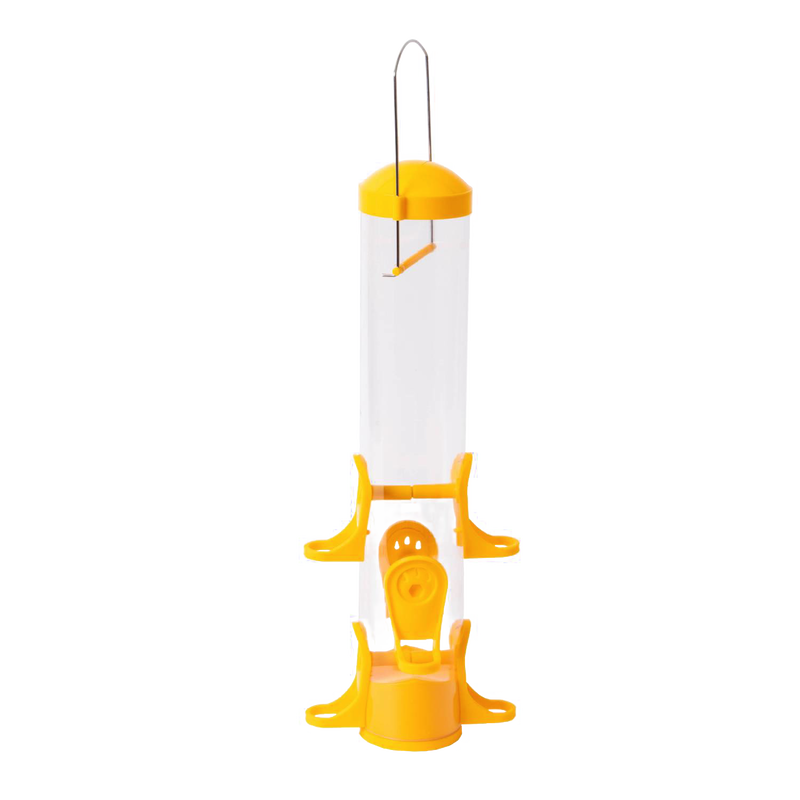 15-inch handcrafted poly tube finch feeder with six yellow feeding ports and a yellow top and base, designed to keep seeds dry, ideal for farm, garden, and animal care collections.