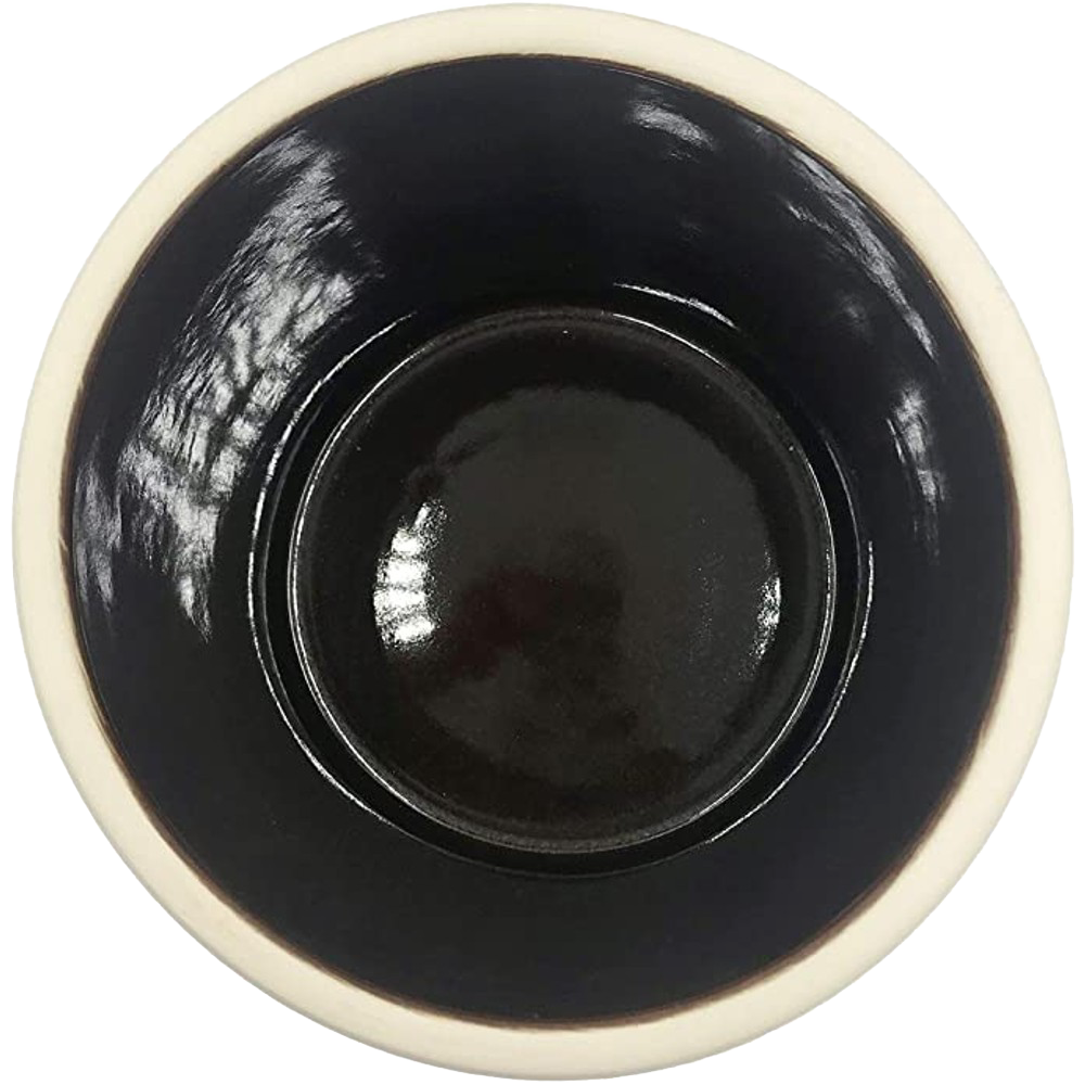 Top view of a handcrafted 5-gallon stoneware crock with a durable cream exterior and glossy brown glazed interior, made in USA, perfect for food preservation and fermenting.