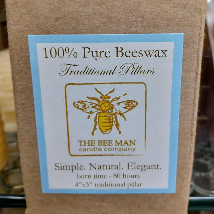 Packaging label for handcrafted 100% beeswax pillar candle with traditional design, highlighting natural and elegant qualities, burning up to 80 hours, made in USA, featured in Lamps & Lighting, Candles and Candlemaking, Candles, USA Made, Best Sellers, and Promo Eligible collections.