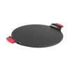 Seasoned cast iron pizza pan with dual handles featuring red silicone grips, designed for even heat and edge-to-edge baking, ideal for Kitchen & Food, Cookware, and USA Made collections.