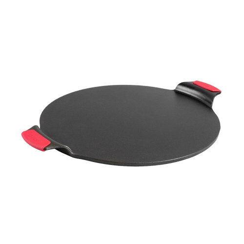 Seasoned cast iron pizza pan with dual handles featuring red silicone grips, designed for even heat and edge-to-edge baking, ideal for Kitchen & Food, Cookware, and USA Made collections.