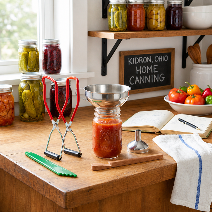 Set of exclusive handcrafted canning accessories including stainless steel funnel with removable spout, wooden tool, green jar lifter, and red-handled jar lifter on wooden kitchen counter with jars and tomatoes for Kitchen & Food and Food Preservation collections.