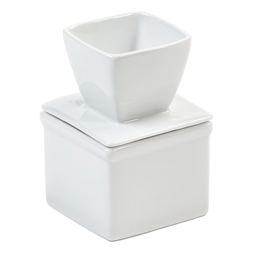 White porcelain butter keeper with a smooth, square design featuring a water reservoir lid, ideal for soft butter storage in Kitchen & Food and Specialty Equipment collections.