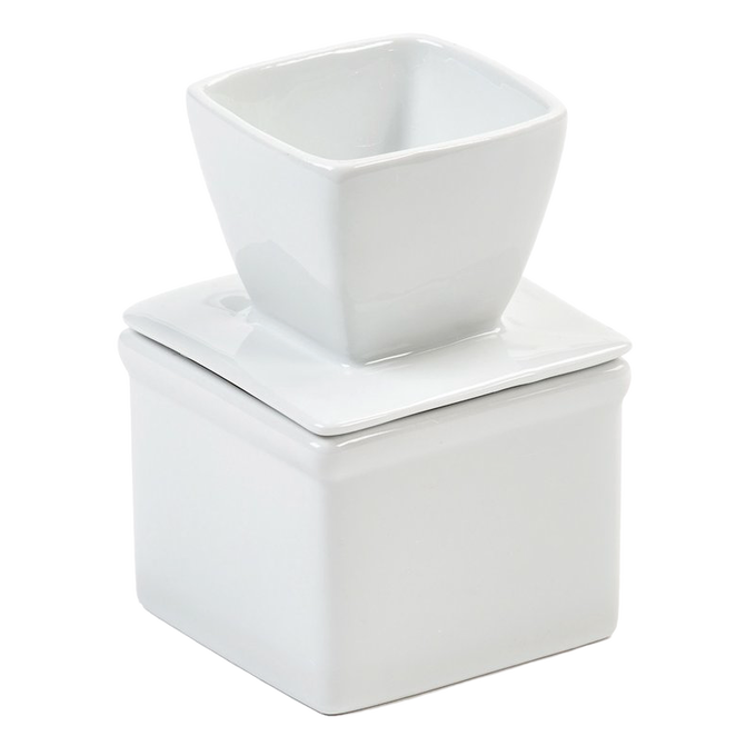 White porcelain butter keeper with a smooth, square design featuring a water reservoir lid, ideal for soft butter storage in Kitchen & Food and Specialty Equipment collections.