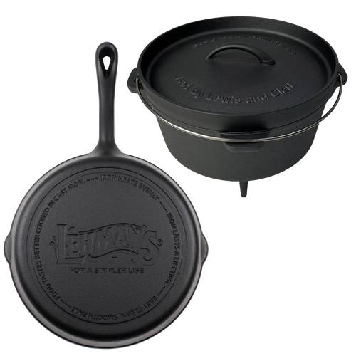 Handcrafted nitrided cast iron campfire cooking set featuring a 10" skillet and 4.5 qt Dutch oven with lid and tripod legs, perfect for Farm, Garden & Tool, Camping, and Kitchen & Food collections.