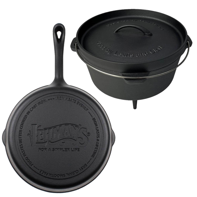 Handcrafted nitrided cast iron campfire cooking set featuring a 10" skillet and 4.5 qt Dutch oven with lid and tripod legs, perfect for Farm, Garden & Tool, Camping, and Kitchen & Food collections.