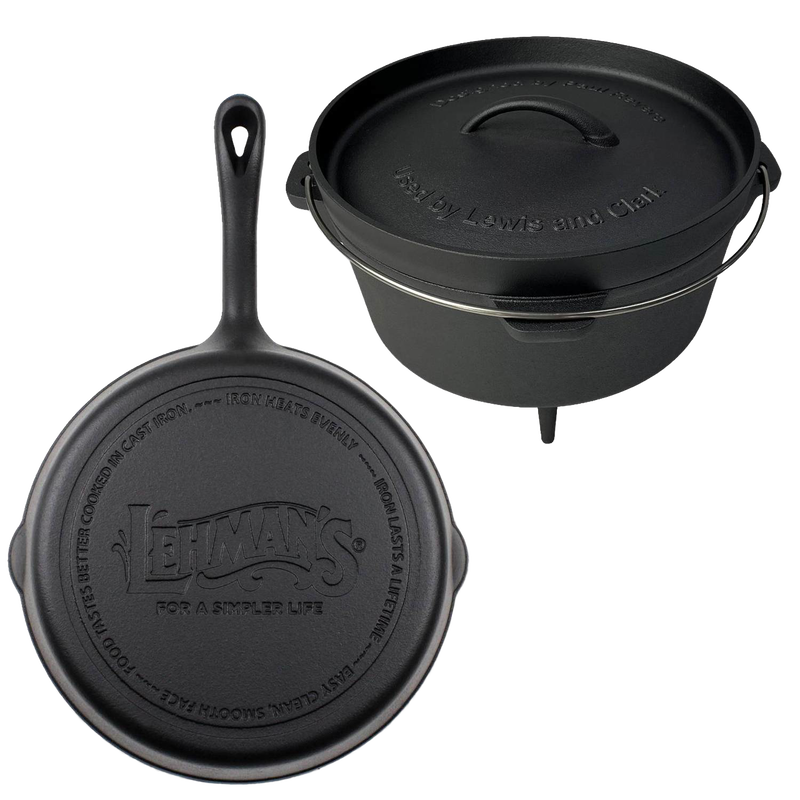 Handcrafted nitrided cast iron campfire cooking set featuring a 10" skillet and 4.5 qt Dutch oven with lid and tripod legs, perfect for Farm, Garden & Tool, Camping, and Kitchen & Food collections.