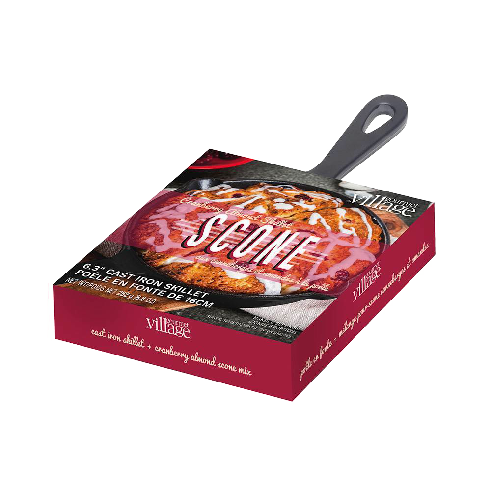 Boxed cranberry almond scone mix with included 6.3-inch cast iron skillet, showcasing a handcrafted dessert option from Kitchen & Food, Dry Goods and Mixes, Best Sellers, and Promo Eligible collections.