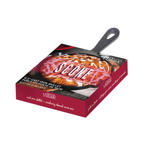 Boxed cranberry almond scone mix with included 6.3-inch cast iron skillet, showcasing a handcrafted dessert option from Kitchen & Food, Dry Goods and Mixes, Best Sellers, and Promo Eligible collections.