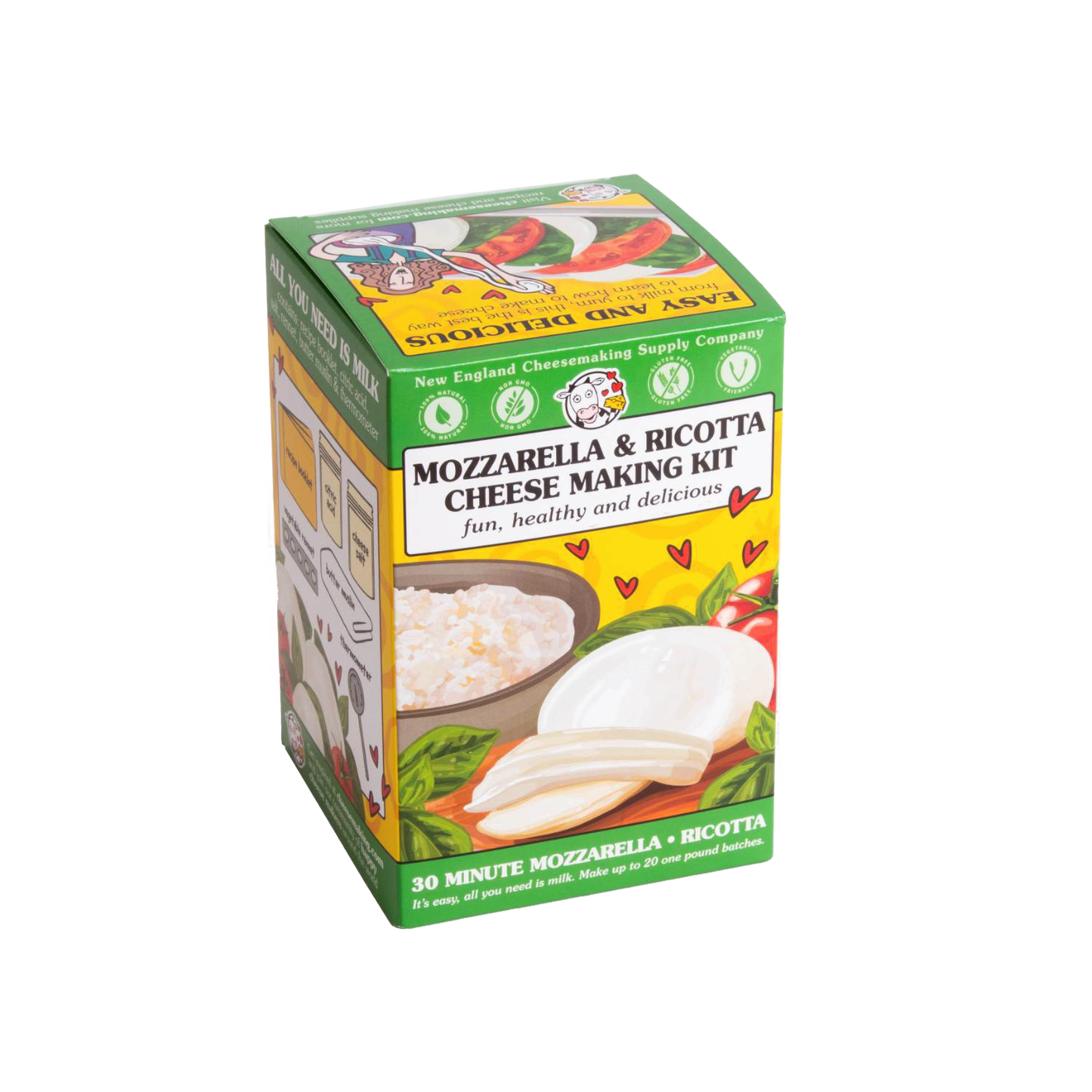 Colorful box of a mozzarella and ricotta cheese making kit featuring fresh cheese illustrations, perfect for Kitchen & Food, Specialty Equipment, and DIY Cheese and Yogurt collections.