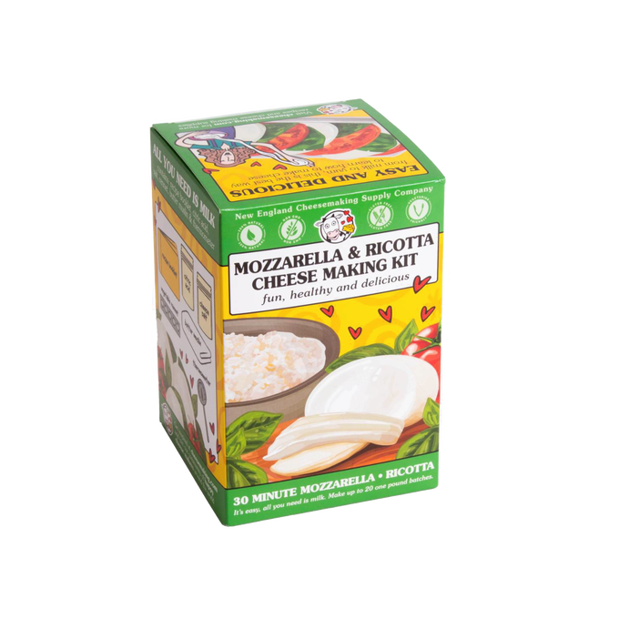 Colorful box of a mozzarella and ricotta cheese making kit featuring fresh cheese illustrations, perfect for Kitchen & Food, Specialty Equipment, and DIY Cheese and Yogurt collections.