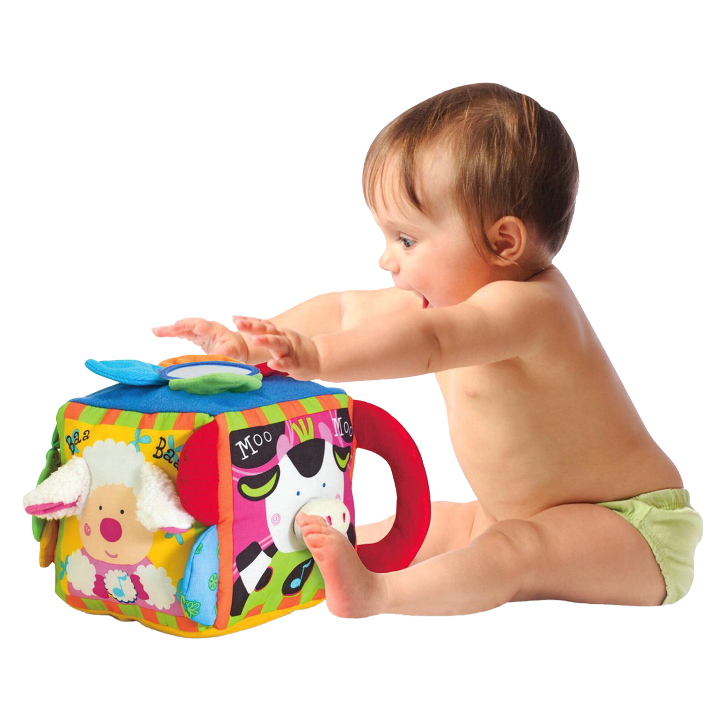 Baby reaching out to play with a soft, colorful musical farmyard cube featuring animal faces, crinkly petals, knotted tags, and a sturdy textured ring for interactive indoor play.