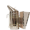 Handcrafted stainless steel beekeeping smoker with suede leather bellows and protective wire grid, designed for Farm, Garden & Tool, Animal Care, and Beekeeping collections.