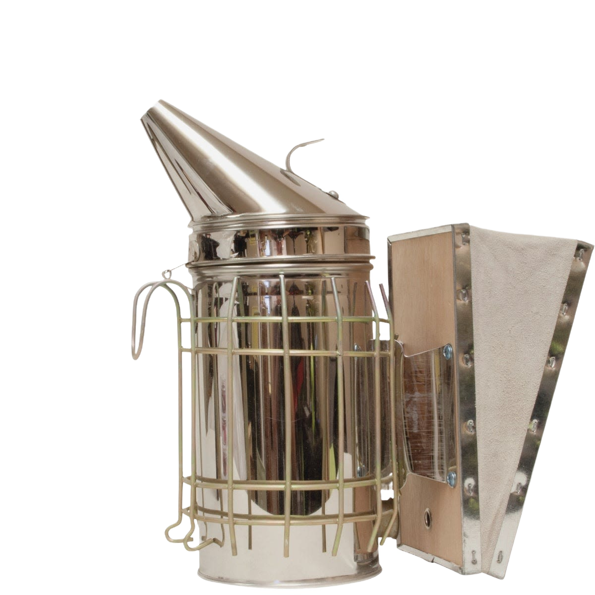 Handcrafted stainless steel beekeeping smoker with suede leather bellows and protective wire grid, designed for Farm, Garden & Tool, Animal Care, and Beekeeping collections.