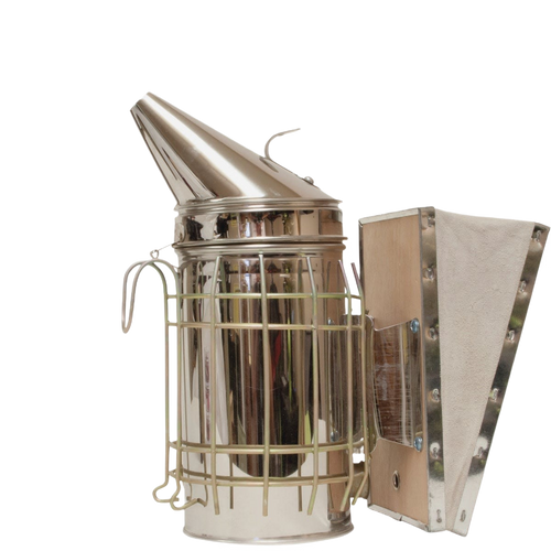 Handcrafted stainless steel beekeeping smoker with suede leather bellows and protective wire grid, designed for Farm, Garden & Tool, Animal Care, and Beekeeping collections.