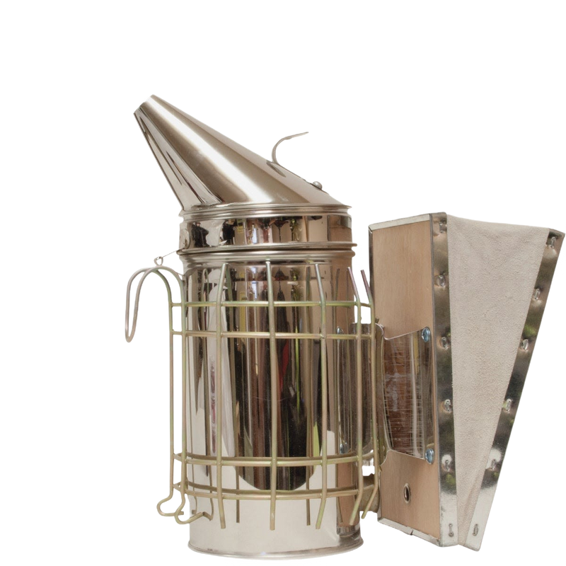 Handcrafted stainless steel beekeeping smoker with suede leather bellows and protective wire grid, designed for Farm, Garden & Tool, Animal Care, and Beekeeping collections.