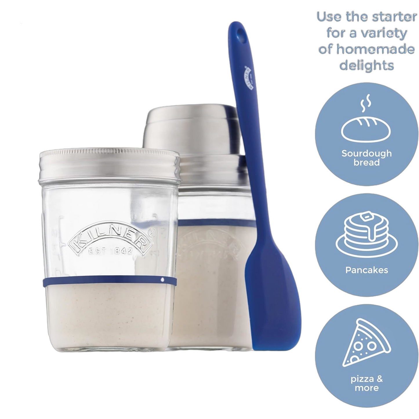 Set of two clear glass Kilner jars with stainless steel lids and blue silicone band, filled with sourdough starter, accompanied by a blue silicone spatula, handcrafted for Kitchen & Food and Baking Supplies collections.