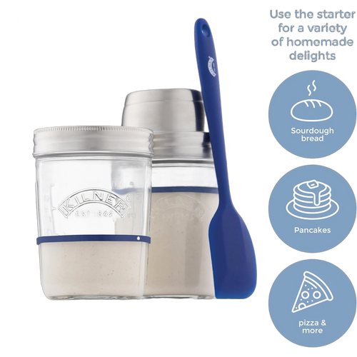 Set of two clear glass Kilner jars with stainless steel lids and blue silicone band, filled with sourdough starter, accompanied by a blue silicone spatula, handcrafted for Kitchen & Food and Baking Supplies collections.